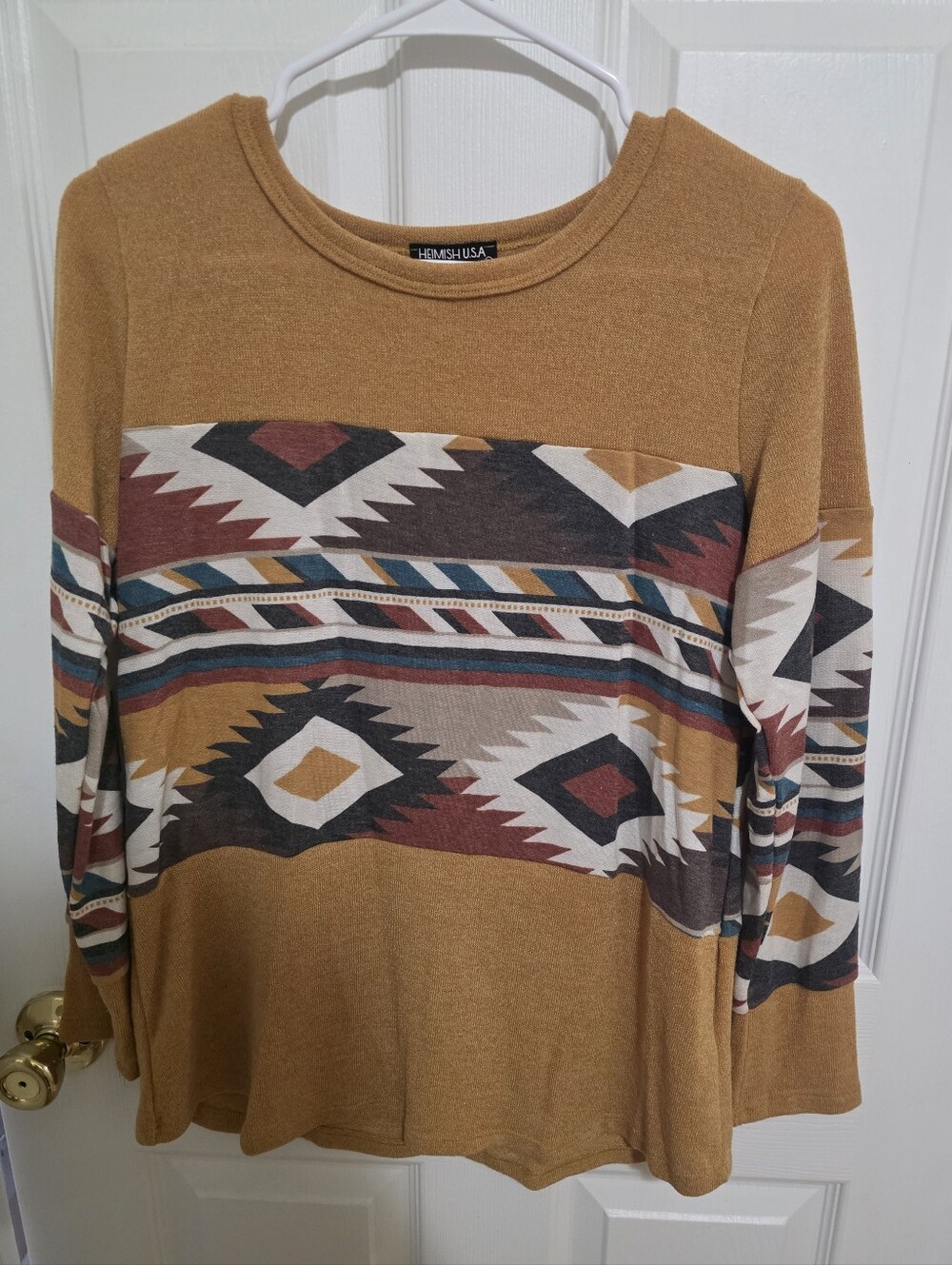 HEIMISH USA Mustard Aztec-Print Long Sleeve Top